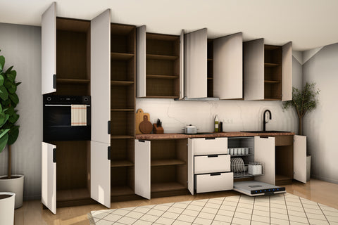 Küchenzeile Sorento Beige schräg von links mit geöffneten Türen und gestaffelten Auszügen