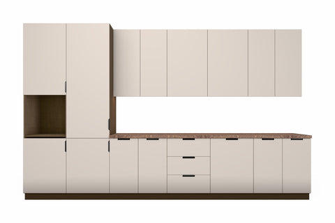Lieferumfang Küchenzeile Sorento Beige: nur die Schränke ohne Elektrogeräte, Spüle und Deko auf weißem Hintergrund