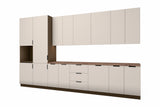 Lieferumfang Küchenzeile Sorento Beige schräg von rechts, ohne Geräte, auf weißem Hintergrund