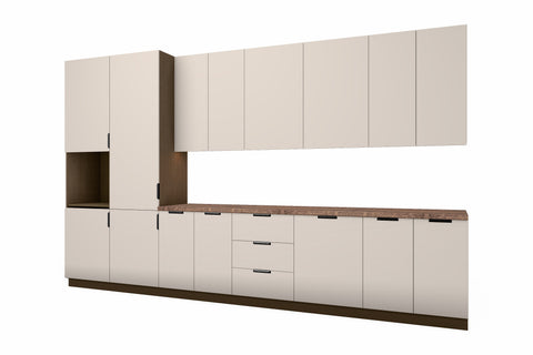 Lieferumfang Küchenzeile Sorento Beige schräg von rechts, ohne Geräte, auf weißem Hintergrund