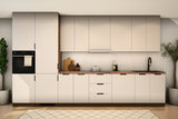 Küchenzeile Sorento Beige 400 cm mit Kühlumbauschrank D60ZLN frontal: Backofen-Hochschrank, Kühlumbauschrank, Unterschränke, Spülenschrank, vier Hängeschränke