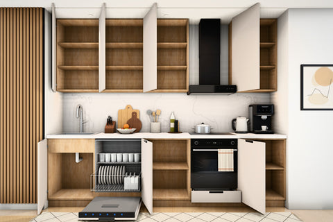 Küchenzeile Sorento Beige & Sonoma Eiche 300 cm – Ausführung Komfort – Türen und Auszüge geöffnet