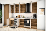 Küchenzeile Sorento Beige & Sonoma Eiche 300 cm – Ausführung Komfort – Türen geöffnet, schräg