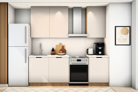 Küchenzeile Sorento Beige & Sonoma Eiche 300 cm – Ausführung Kompakt – Raumansicht frontal