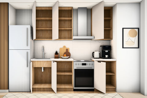 Küchenzeile Sorento Beige & Sonoma Eiche 300 cm – Ausführung Kompakt – Türen und Auszüge geöffnet