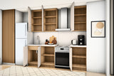 Küchenzeile Sorento Beige & Sonoma Eiche 300 cm – Ausführung Kompakt – Türen geöffnet, schräg