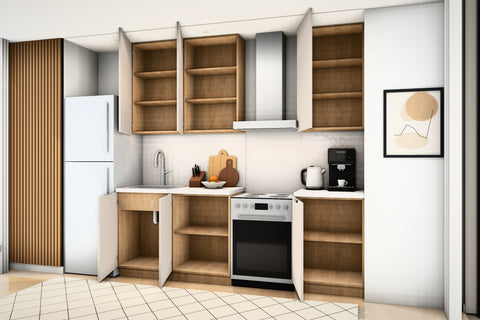 Küchenzeile Sorento Beige & Sonoma Eiche 300 cm – Ausführung Kompakt – Türen geöffnet, schräg