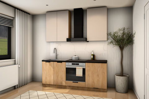 Küchenzeile Sorento Beige & Sonoma Eiche schräg von rechts