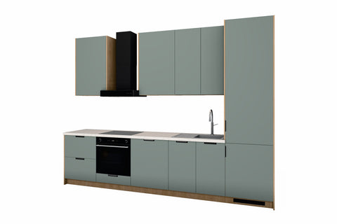 Küchenzeile Sorento Grün & Sonoma Eiche – 320 cm – KÜ-SORENTO3-001 – freigestellt, über Eck von rechts