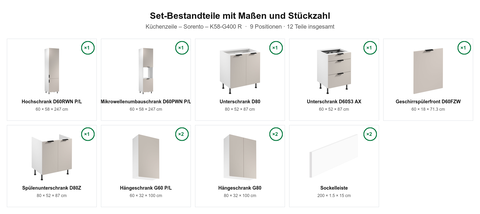 Küchenzeile – Sorento – K58-G400 R – Maßbild (Set-Bestandteile mit Maßen und Stückzahl)