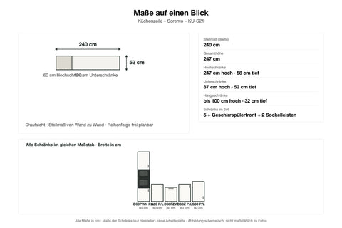 Maße Küchenzeile Sorento KU-S21: Stellmaß 240 cm