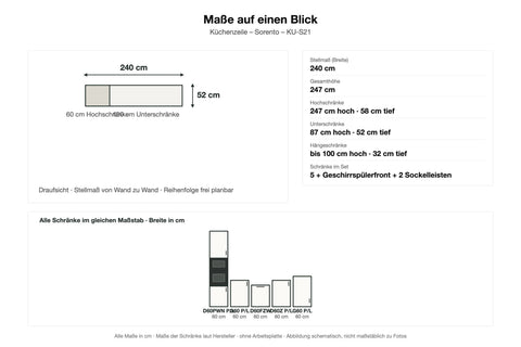 Maße Küchenzeile Sorento KU-S21: Stellmaß 240 cm – Farbe Weiß / Korpus Sonoma Eiche