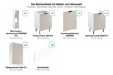 Set-Bestandteile Küchenzeile Sorento KU-S21: 5 Schränke + Geschirrspülerfront + 2 Sockelleisten mit Maßen – Farbe Beige / Korpus Weiß