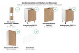 Set-Bestandteile Küchenzeile Sorento KU-S21: 5 Schränke + Geschirrspülerfront + 2 Sockelleisten mit Maßen – Farbe Sonoma Eiche / Korpus Weiß