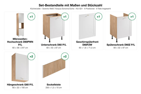 Set-Bestandteile Küchenzeile Sorento KU-S21: 5 Schränke + Geschirrspülerfront + 2 Sockelleisten mit Maßen – Farbe Weiß / Korpus Sonoma Eiche