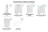 Set-Bestandteile Küchenzeile Sorento KU-S21: 5 Schränke + Geschirrspülerfront + 2 Sockelleisten mit Maßen – Farbe Weiß