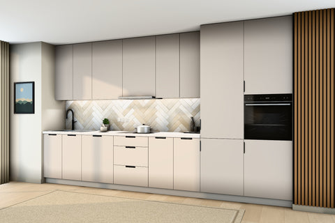 Küchenzeile Sorento Weiß & Beige – 400 cm – K58-G400 R – Raumansicht über Eck von rechts