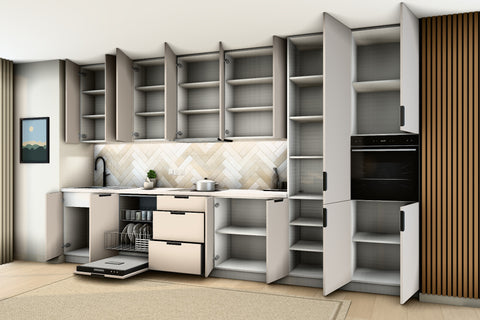 Küchenzeile Sorento Weiß & Beige – 400 cm – K58-G400 R – geöffnet, über Eck von rechts