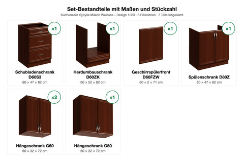 Set-Bestandteile mit Maßen und Stückzahl – Küchenzeile Sycylia Milano Walnuss – 260 cm – KÜ-SYC-002