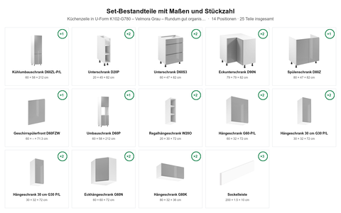 Küchenzeile in U-Form K102-G780 – Velmora Grau – Rundum gut organisiert – Maßbild (Set-Bestandteile mit Maßen und Stückzahl)