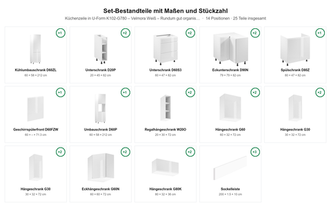 Küchenzeile in U-Form K102-G780 – Velmora Weiß – Rundum gut organisiert – Maßbild (Set-Bestandteile mit Maßen und Stückzahl)