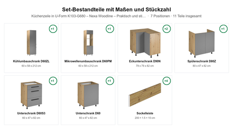 U-Küche in U-Form K103-G680 – Nexa Woodline – Praktisch und stilvoll zugleich – Maßbild (Set-Bestandteile mit Maßen und Stückzahl)