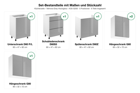 Set-Bestandteile mit Maßen und Stückzahl – Küchenzeile Velmora Grau Hochglanz – K35-G200