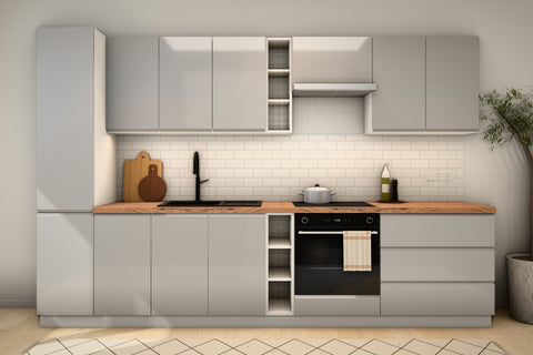 Küchenzeile Velmora Grau Hochglanz 320 cm frontal: links Hochschrank, Spülenschrank, offenes Regal, Herdumbauschrank mit Backofen, Schubladenschrank