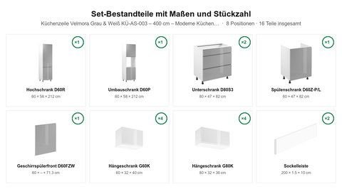 Küchenzeile Velmora Grau & Weiß KÜ-AS-003 – 400 cm – Moderne Küchenblock ohne Arbeitsplatte – Maßbild (Set-Bestandteile mit Maßen und Stückzahl)