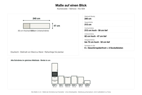 Maße Küchenzeile Velmora KU-S04: Stellmaß 240 cm