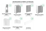 Set-Bestandteile Küchenzeile Velmora KU-S04: 6 Schränke + Geschirrspülerfront + 2 Sockelleisten mit Maßen – Farbe Grau / Weiß