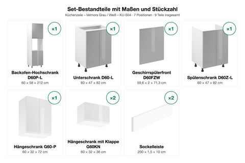 Set-Bestandteile Küchenzeile Velmora KU-S04: 6 Schränke + Geschirrspülerfront + 2 Sockelleisten mit Maßen – Farbe Grau / Weiß