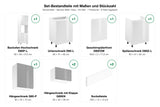 Set-Bestandteile Küchenzeile Velmora KU-S04: 6 Schränke + Geschirrspülerfront + 2 Sockelleisten mit Maßen – Farbe Weiß / Grau