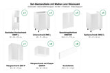 Set-Bestandteile Küchenzeile Velmora KU-S04: 6 Schränke + Geschirrspülerfront + 2 Sockelleisten mit Maßen – Farbe Weiß Hochglanz