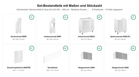 Küchenzeile Velmora Weiß & Grau KÜ-AS-003 – 400 cm – Moderne Küchenblock ohne Arbeitsplatte – Maßbild (Set-Bestandteile mit Maßen und Stückzahl)