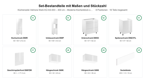 Küchenzeile Velmora Weiß KÜ-AS-003 – 400 cm – Moderne Küchenblock ohne Arbeitsplatte – Maßbild (Set-Bestandteile mit Maßen und Stückzahl)