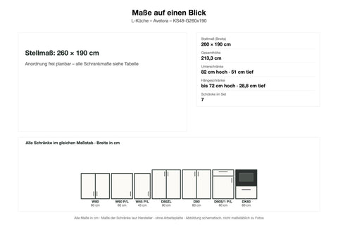 Maße L-Küche Avelora KS48-G260x190: Stellmaß 260 × 190 cm