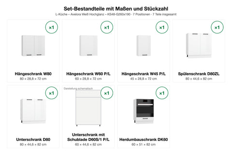 Set-Bestandteile L-Küche Avelora KS48-G260x190: 7 Schränke mit Maßen – Farbe Weiß Hochglanz