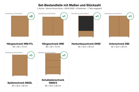 Set-Bestandteile L-Küche Bonira KS43-G260: 7 Schränke mit Maßen – Farbe Hicora Eiche