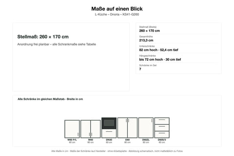 Maße L-Küche Dnoria KS41-G260: Stellmaß 260 × 170 cm – Farbe Beige Matt