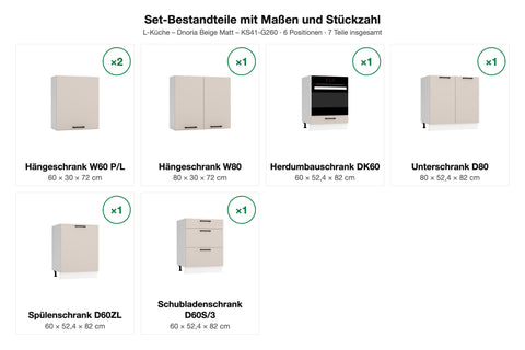 Set-Bestandteile L-Küche Dnoria KS41-G260: 7 Schränke mit Maßen – Farbe Beige Matt