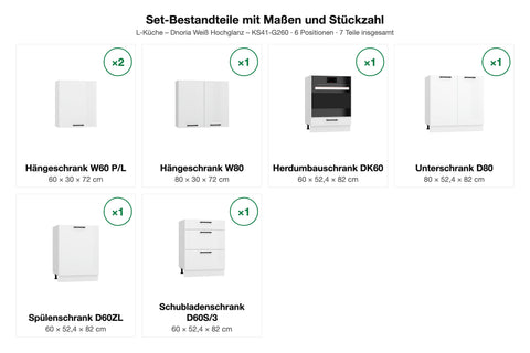 Set-Bestandteile L-Küche Dnoria KS41-G260: 7 Schränke mit Maßen – Farbe Weiß Hochglanz