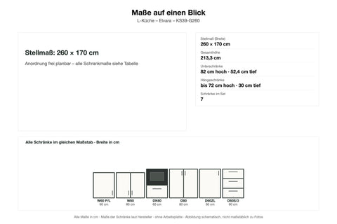Maße L-Küche Elvara KS39-G260: Stellmaß 260 × 170 cm