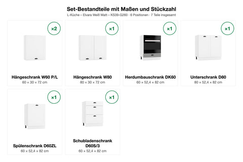 Set-Bestandteile L-Küche Elvara KS39-G260: 7 Schränke mit Maßen – Farbe Weiß Matt