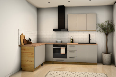 L-Küche Nexa Beige 270 × 170 cm: Hauptzeile mit Herdumbauschrank, Schubladenschrank und Spülenschrank, links Seitenschenkel mit Eckunterschrank
