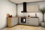 L-Küche Nexa Beige schräg von rechts mit Spülenschrank D80Z und Hängeschränken G40 und G80