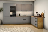 L-Küche Nexa Grau 330 × 210 cm: links zwei Hochschränke mit Backofen und Mikrowelle, Hauptzeile mit Schubladen, rechts Schenkel mit Spülenschrank