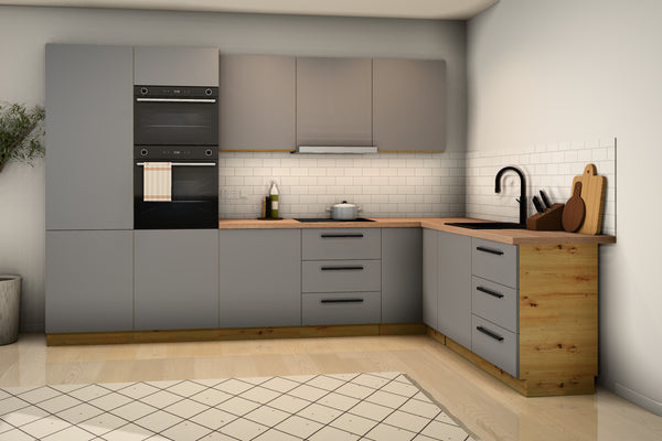 L-Küche Nexa Grau – 330 × 210 cm – mit Backofen-Hochschrank für 2 Geräte – K100-G330