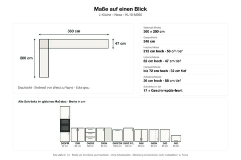 Maße L-Küche Nexa KL10-M360: Stellmaß 360 × 200 cm