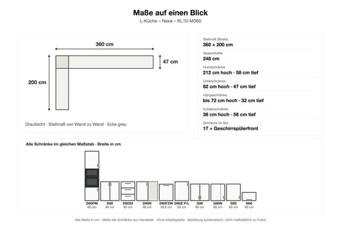 Maße L-Küche Nexa KL10-M360: Stellmaß 360 × 200 cm – Farbe Beige Matt